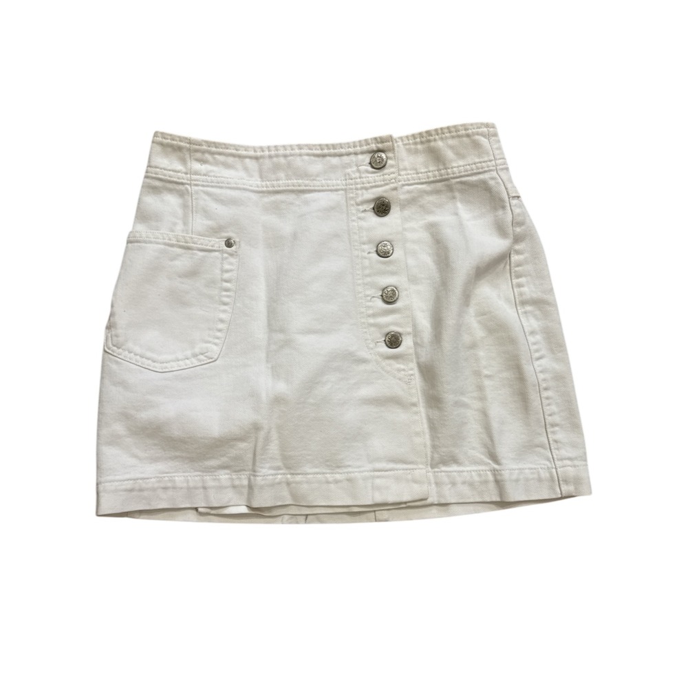 Button-Front White Denim Mini Skirt